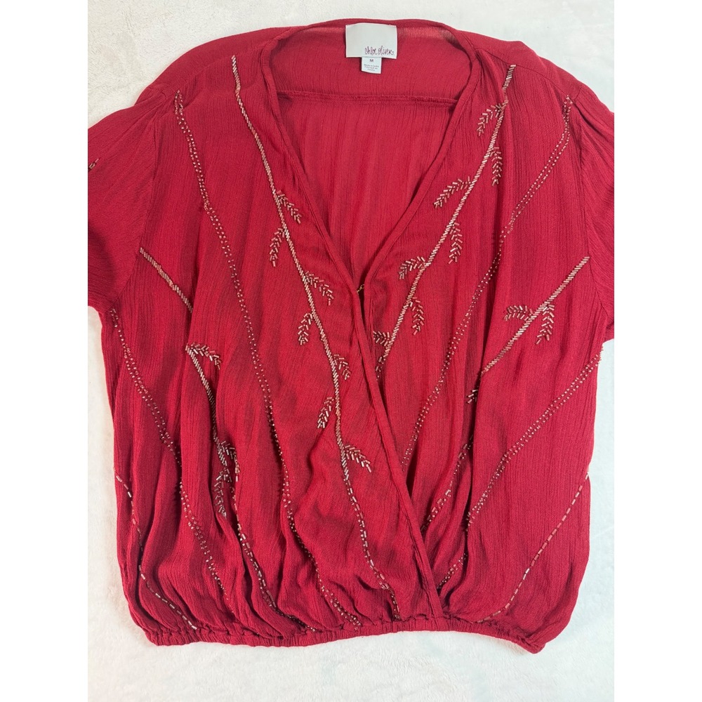 Chloe Oliver Red Beaded Surplice Blouse Womens Medium V-Neck Boho Rayon Top
